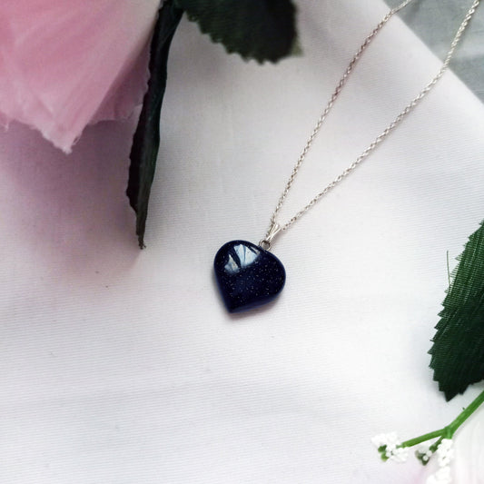 #Blue Goldstone Sterling Silver Necklace, Heart Pendant