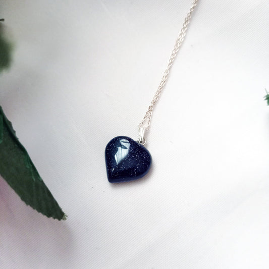 #Blue Goldstone Sterling Silver Necklace, Heart Pendant